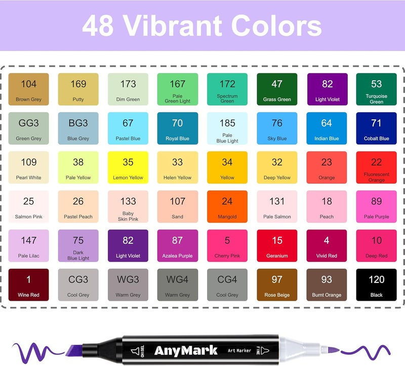 Anymark Alcohol Markers, 48 Colors Dual Tip Art Coloring Markers Set for Adult Book Drawing Sketching Painting, Chisel & Fine, Black Penholder - Image 5